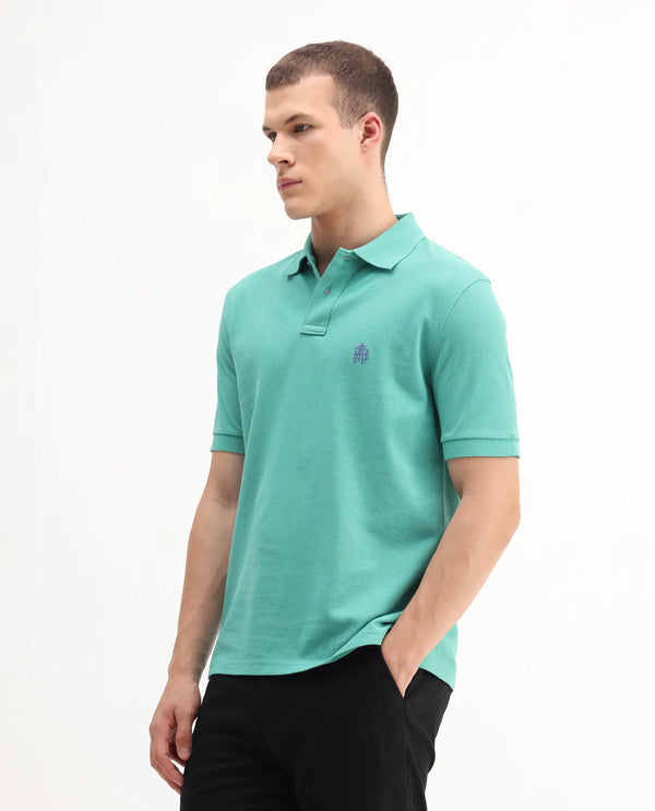 Rare Rabbit Men Pare-1 Turq Cotton Fabric Short Sleeve Collared Neck Regular Fit Printed Polo