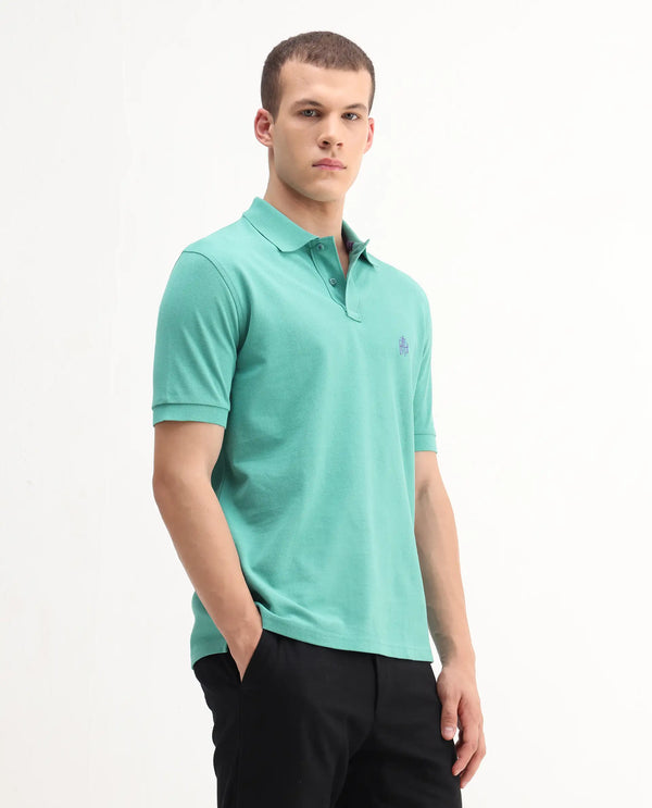 Rare Rabbit Men Pare-1 Turq Cotton Fabric Short Sleeve Collared Neck Regular Fit Printed Polo
