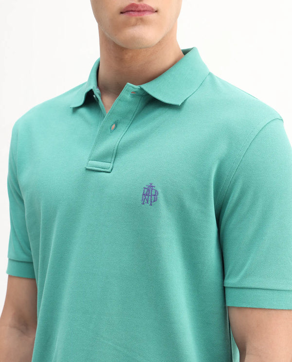 Rare Rabbit Men Pare-1 Turq Cotton Fabric Short Sleeve Collared Neck Regular Fit Printed Polo