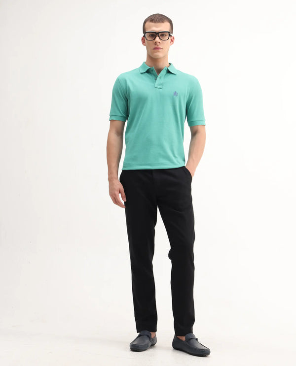 Rare Rabbit Men Pare-1 Turq Cotton Fabric Short Sleeve Collared Neck Regular Fit Printed Polo
