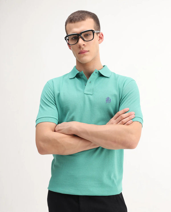 Rare Rabbit Men Pare-1 Turq Cotton Fabric Short Sleeve Collared Neck Regular Fit Printed Polo