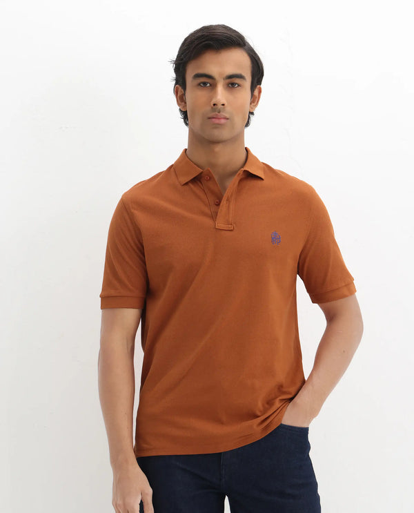Rare Rabbit Mens Pareto Rust Cotton Short Sleeve Embroidered Logo Solid Polo T-Shirt