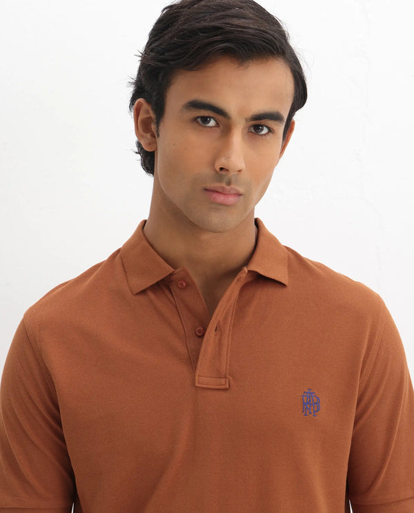 Rare Rabbit Mens Pareto Rust Cotton Short Sleeve Embroidered Logo Solid Polo T-Shirt