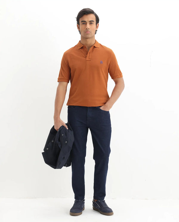 Rare Rabbit Mens Pareto Rust Cotton Short Sleeve Embroidered Logo Solid Polo T-Shirt