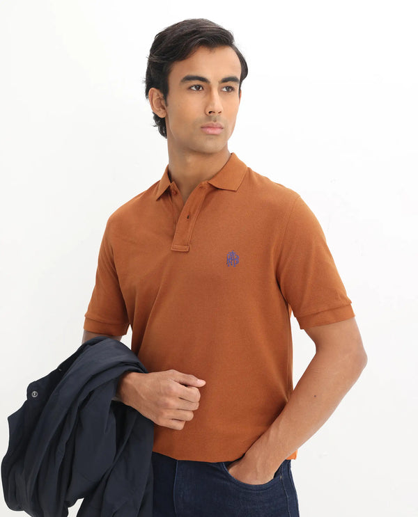Rare Rabbit Mens Pareto Rust Cotton Short Sleeve Embroidered Logo Solid Polo T-Shirt