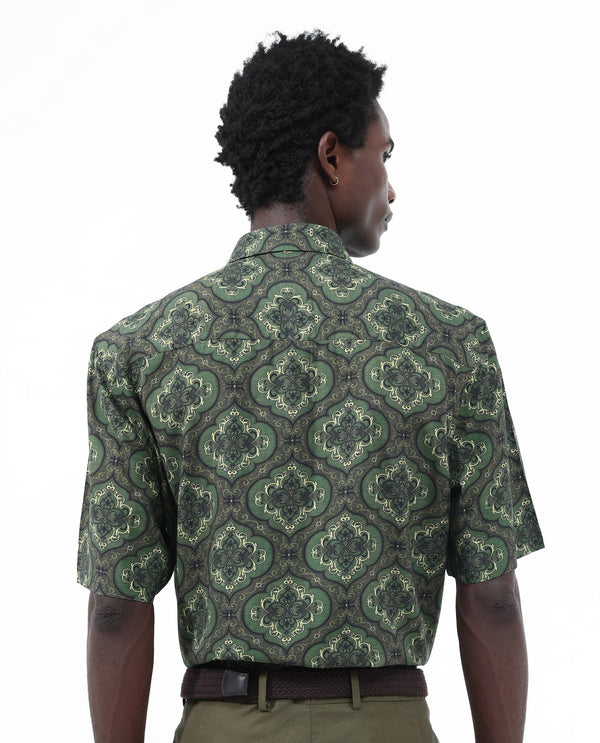 Rare Rabbit Men's Parkes Green Viscose Fabric Half Sleeve Boxy Fit Decorative Art Print Shirt