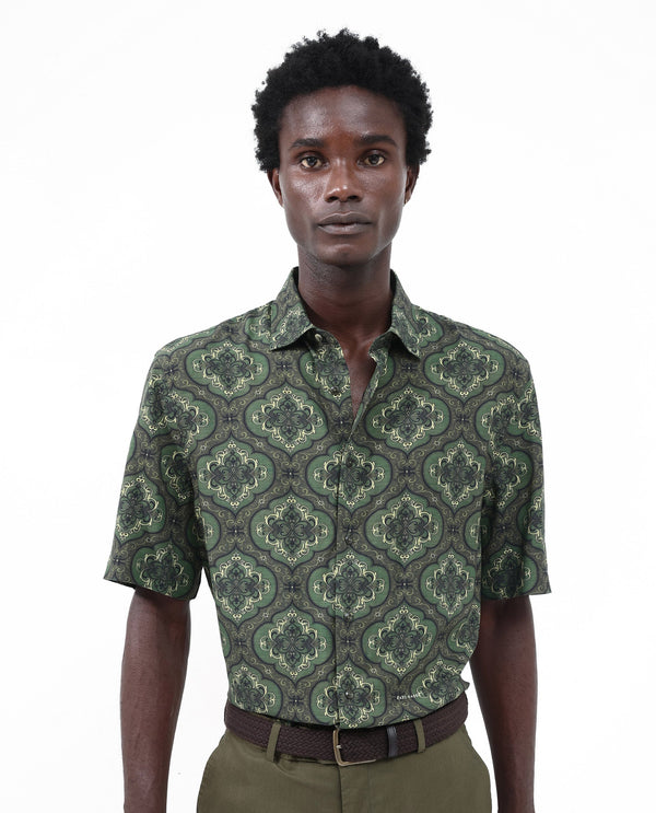 Rare Rabbit Men's Parkes Green Viscose Fabric Half Sleeve Boxy Fit Decorative Art Print Shirt