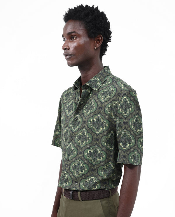Rare Rabbit Men's Parkes Green Viscose Fabric Half Sleeve Boxy Fit Decorative Art Print Shirt