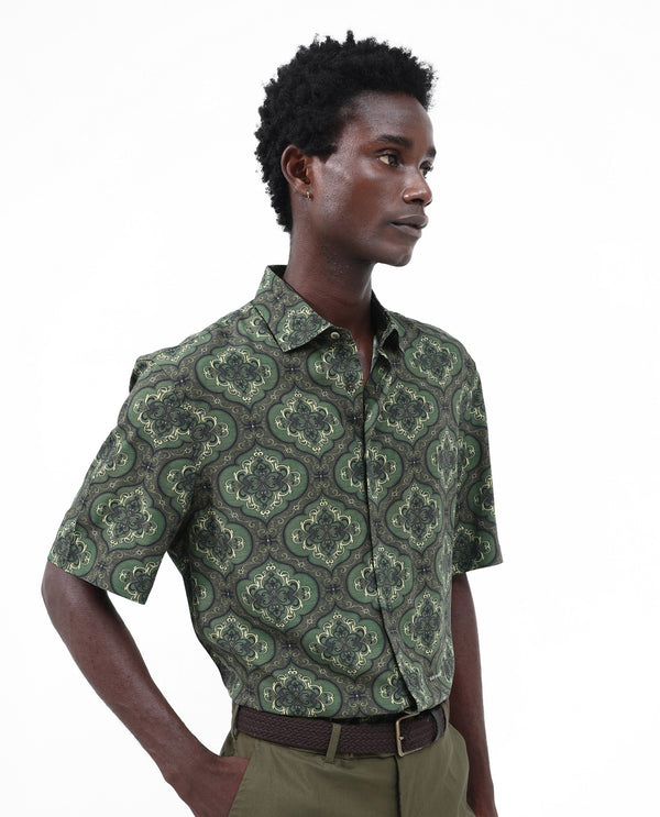 Rare Rabbit Men's Parkes Green Viscose Fabric Half Sleeve Boxy Fit Decorative Art Print Shirt