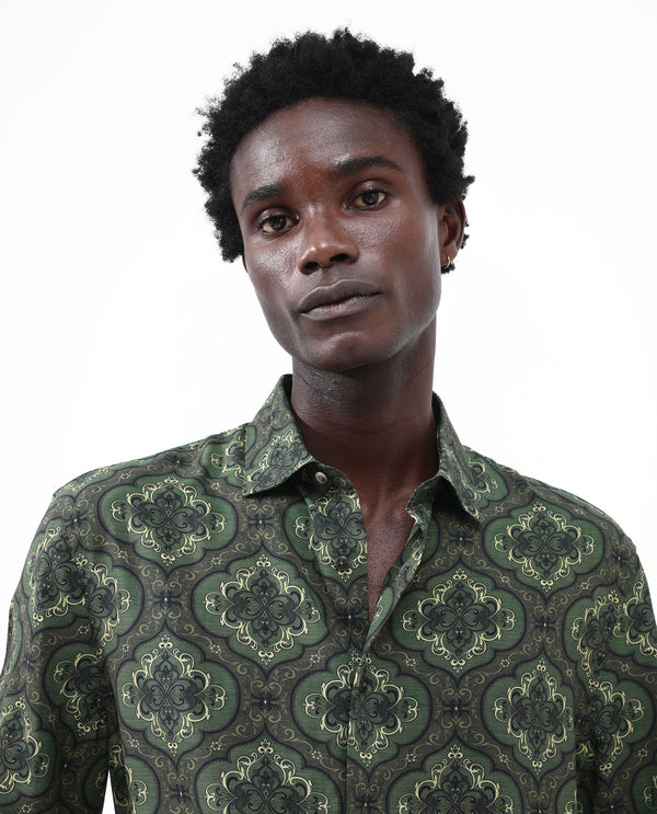 Rare Rabbit Men's Parkes Green Viscose Fabric Half Sleeve Boxy Fit Decorative Art Print Shirt