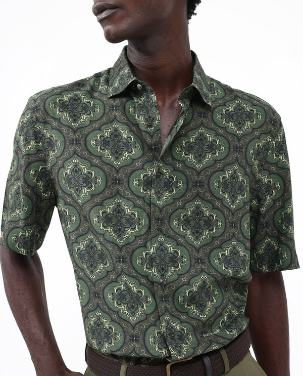 Rare Rabbit Men's Parkes Green Viscose Fabric Half Sleeve Boxy Fit Decorative Art Print Shirt