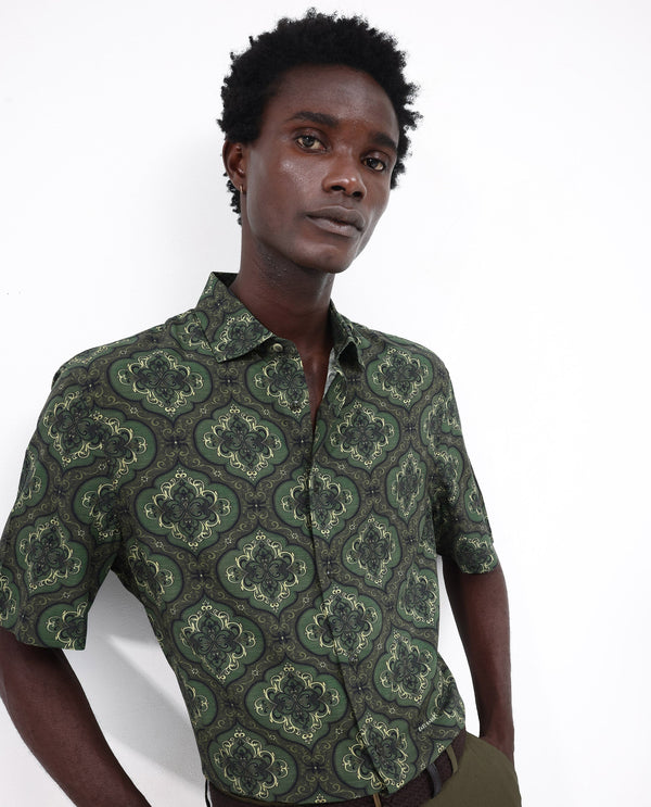 Rare Rabbit Men's Parkes Green Viscose Fabric Half Sleeve Boxy Fit Decorative Art Print Shirt