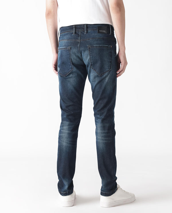 Rare Rabbit Men's Parle Navy Mid Wash Mid-Rise Distressed Slim Fit Jeans