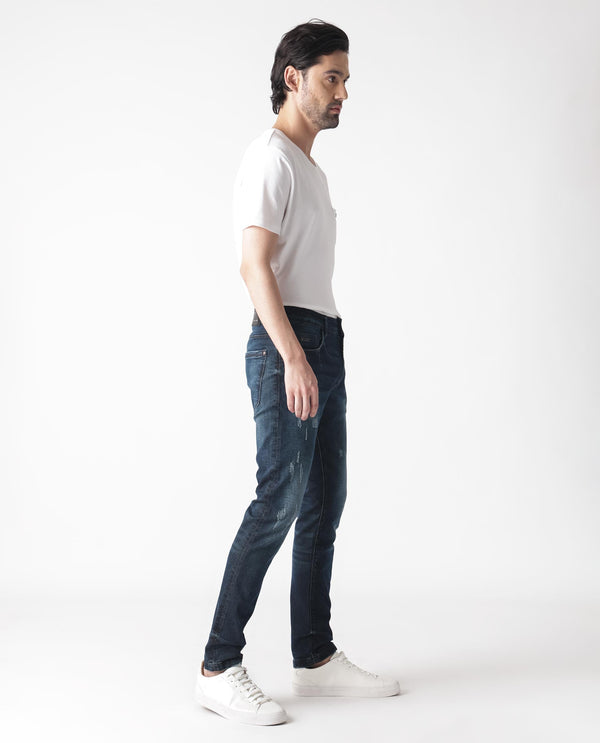 Rare Rabbit Men's Parle Navy Mid Wash Mid-Rise Distressed Slim Fit Jeans