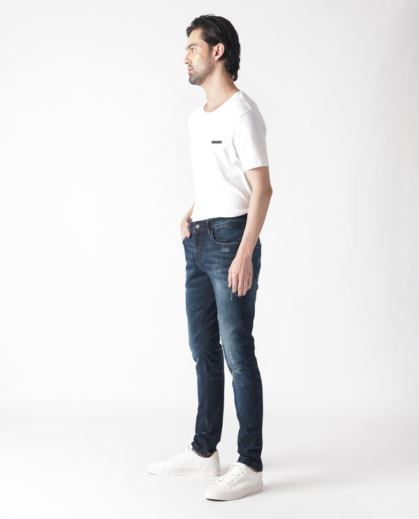 Rare Rabbit Men's Parle Navy Mid Wash Mid-Rise Distressed Slim Fit Jeans