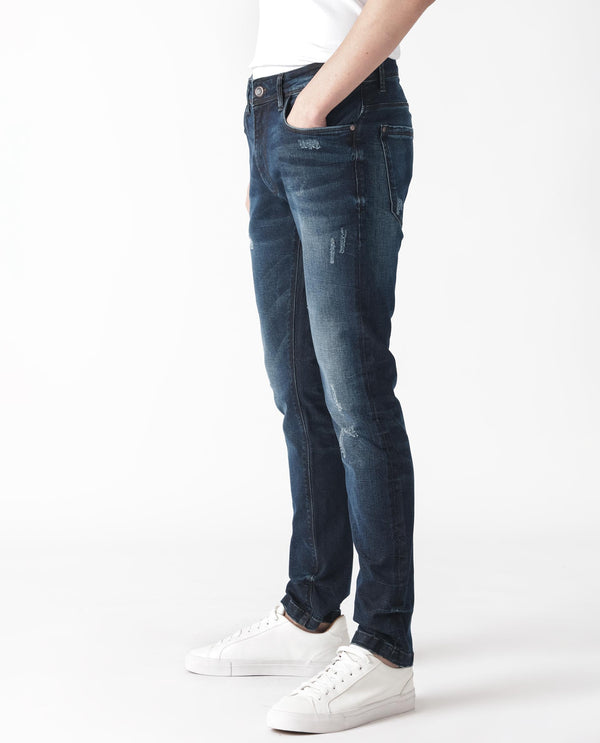 Rare Rabbit Men's Parle Navy Mid Wash Mid-Rise Distressed Slim Fit Jeans