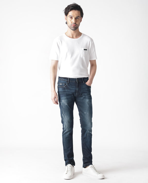 Rare Rabbit Men's Parle Navy Mid Wash Mid-Rise Distressed Slim Fit Jeans