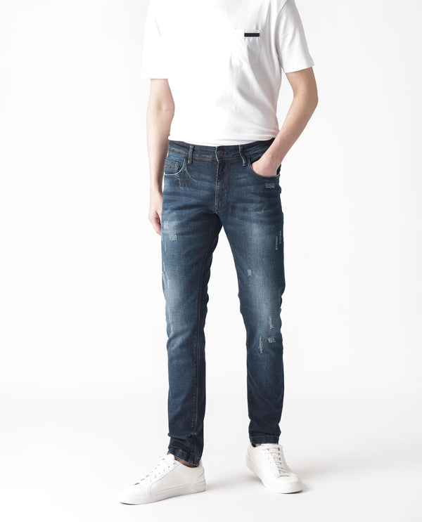 Rare Rabbit Men's Parle Navy Mid Wash Mid-Rise Distressed Slim Fit Jeans
