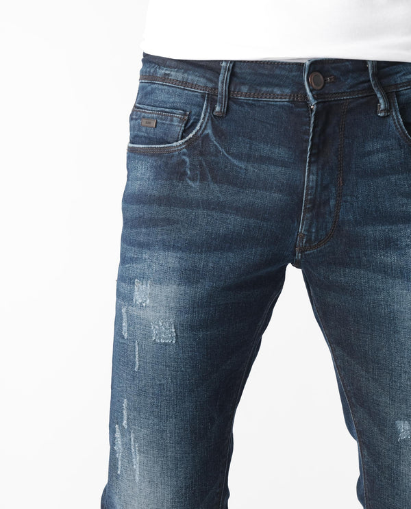 Rare Rabbit Men's Parle Navy Mid Wash Mid-Rise Distressed Slim Fit Jeans