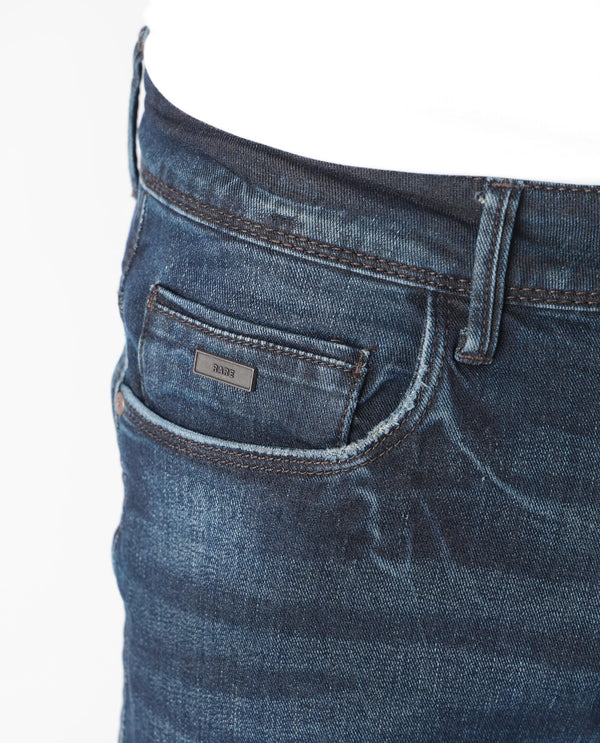 Rare Rabbit Men's Parle Navy Mid Wash Mid-Rise Distressed Slim Fit Jeans