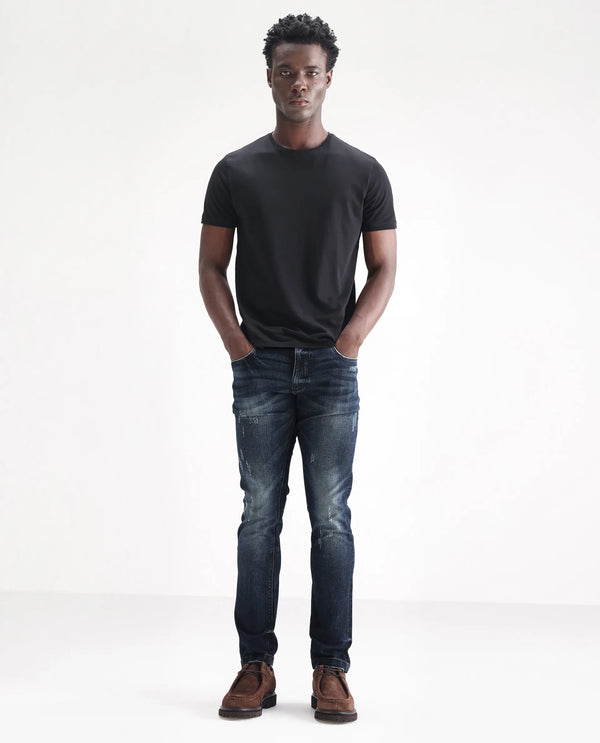 Rare Rabbit Men's Parle Navy Mid Wash Mid-Rise Distressed Slim Fit Jeans