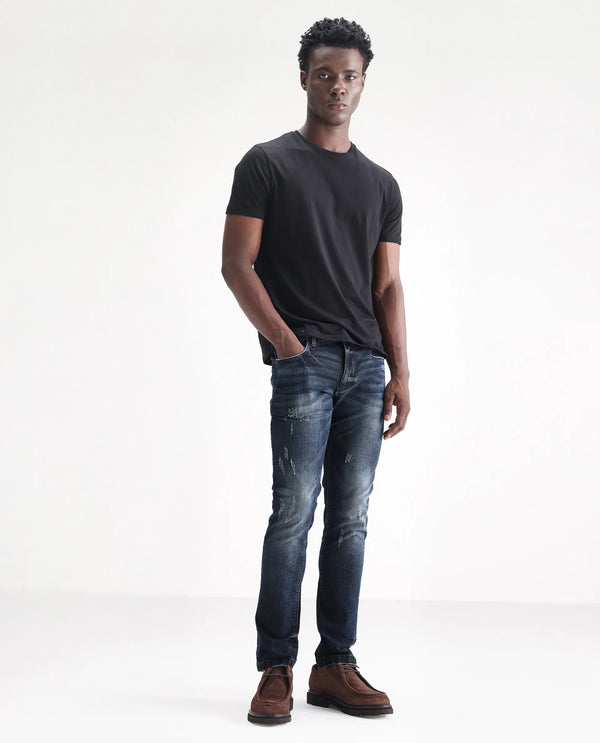 Rare Rabbit Men's Parle Navy Mid Wash Mid-Rise Distressed Slim Fit Jeans