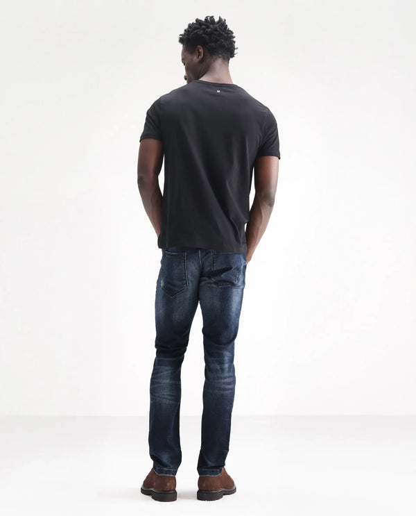 Rare Rabbit Men's Parle Navy Mid Wash Mid-Rise Distressed Slim Fit Jeans