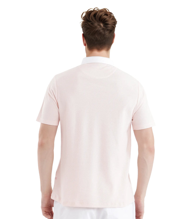 Rare Rabbit Men Parma-3 Pastel Pink Cotton Fabric Short Sleeve Button Down Collar Button Closure Plain Polo
