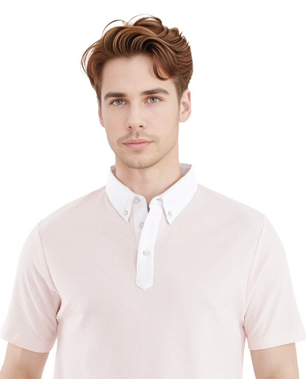 Rare Rabbit Men Parma-3 Pastel Pink Cotton Fabric Short Sleeve Button Down Collar Button Closure Plain Polo