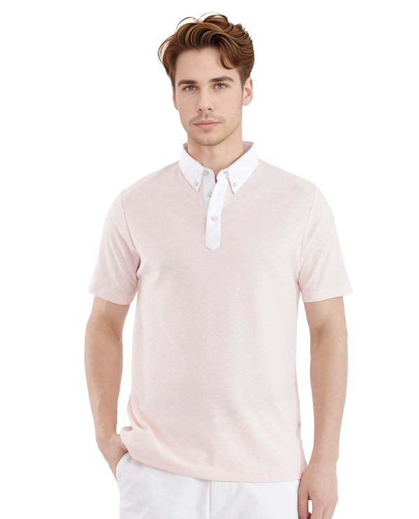 Rare Rabbit Men Parma-3 Pastel Pink Cotton Fabric Short Sleeve Button Down Collar Button Closure Plain Polo
