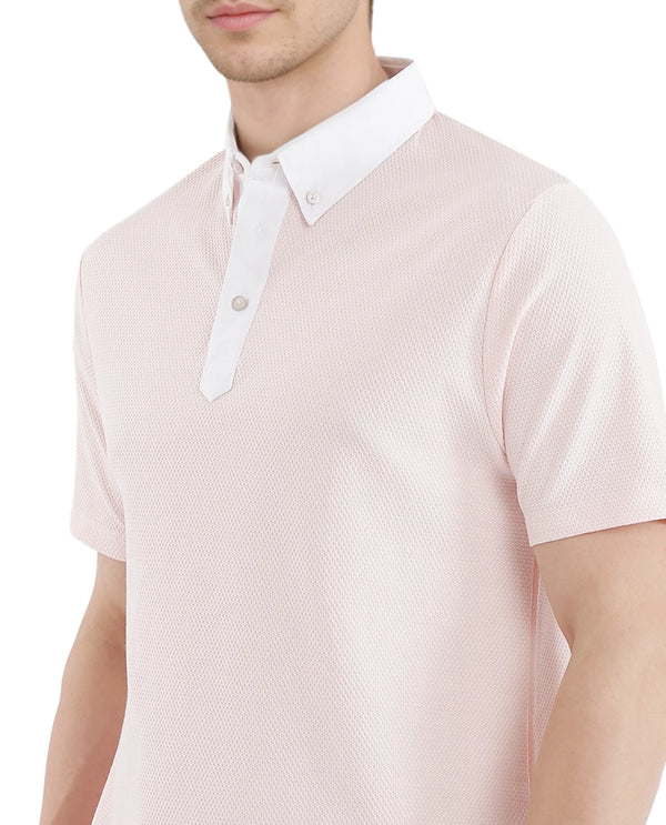 Rare Rabbit Men Parma-3 Pastel Pink Cotton Fabric Short Sleeve Button Down Collar Button Closure Plain Polo