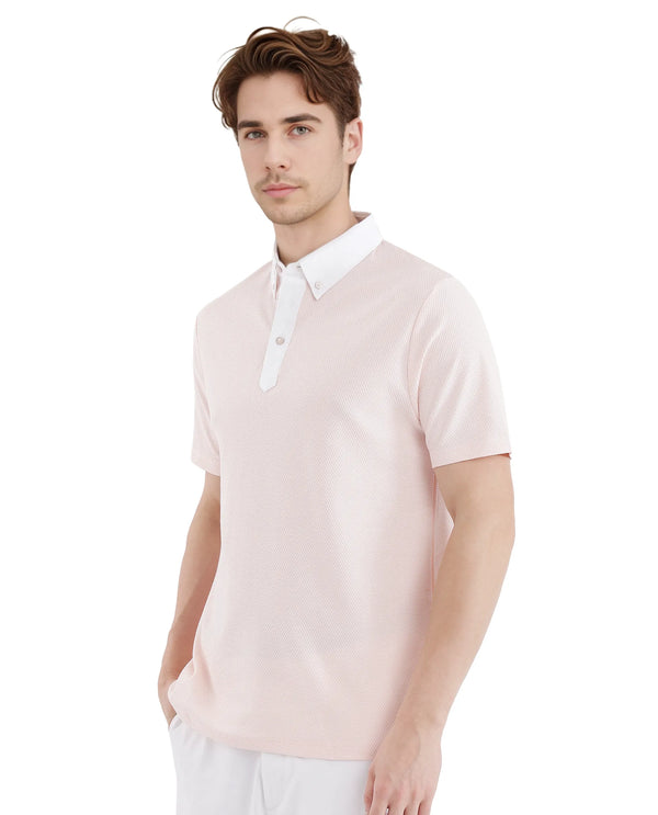 Rare Rabbit Men Parma-3 Pastel Pink Cotton Fabric Short Sleeve Button Down Collar Button Closure Plain Polo