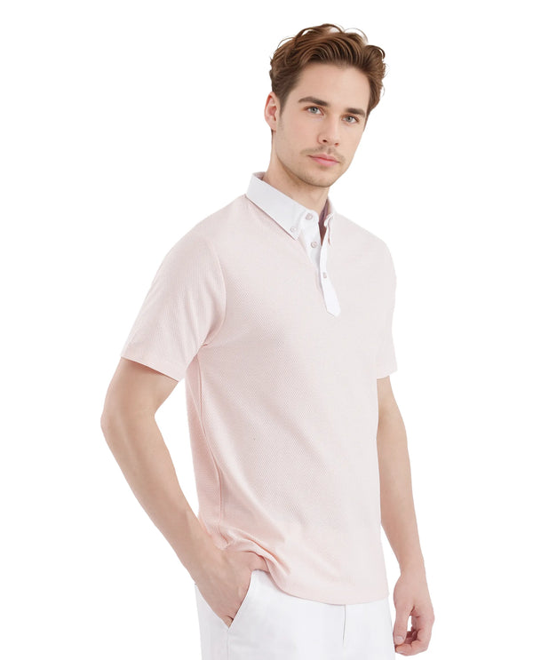 Rare Rabbit Men Parma-3 Pastel Pink Cotton Fabric Short Sleeve Button Down Collar Button Closure Plain Polo