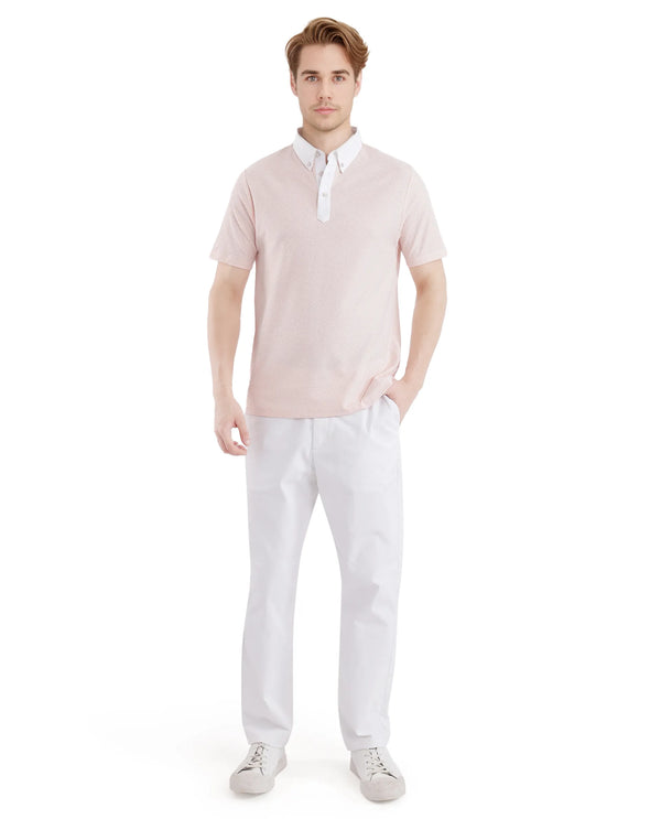 Rare Rabbit Men Parma-3 Pastel Pink Cotton Fabric Short Sleeve Button Down Collar Button Closure Plain Polo