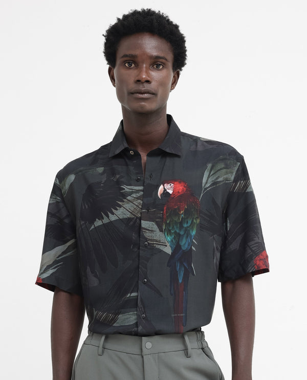 Rare Rabbit Mens Parrot Dark Grey Viscose Fabric Short Sleeve Boxy Fit Animal Print Shirt