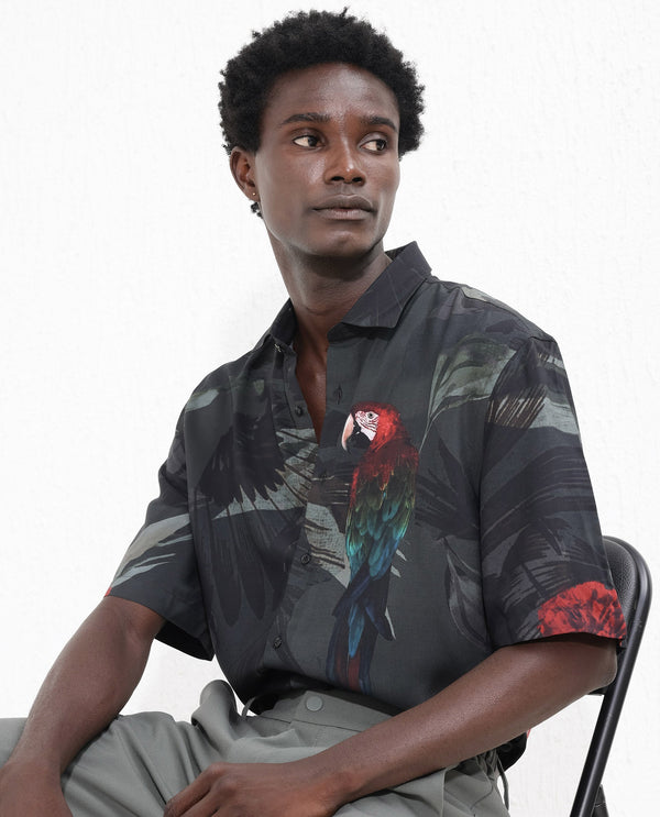 Rare Rabbit Mens Parrot Dark Grey Viscose Fabric Short Sleeve Boxy Fit Animal Print Shirt