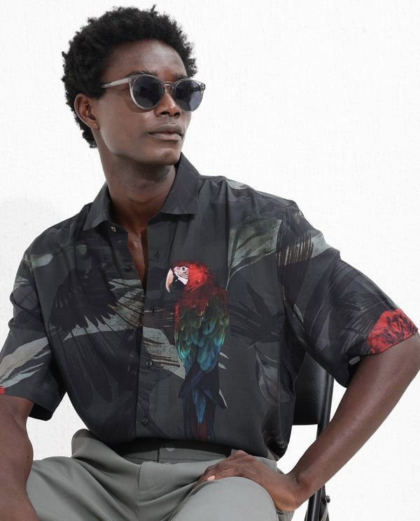 Rare Rabbit Mens Parrot Dark Grey Viscose Fabric Short Sleeve Boxy Fit Animal Print Shirt