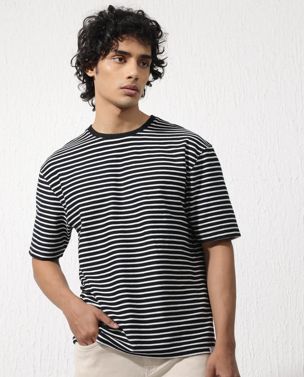 Rare Rabbit Mens Paskot Navy Short Sleeve Stripe Print Oversized T-Shirt