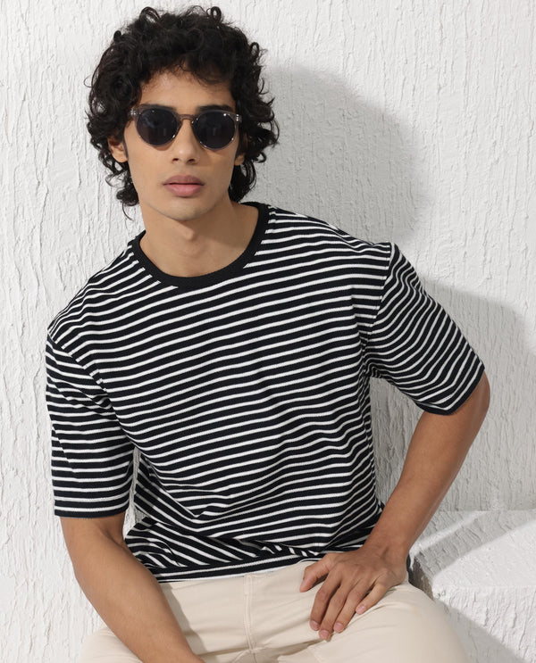 Rare Rabbit Mens Paskot Navy Short Sleeve Stripe Print Oversized T-Shirt