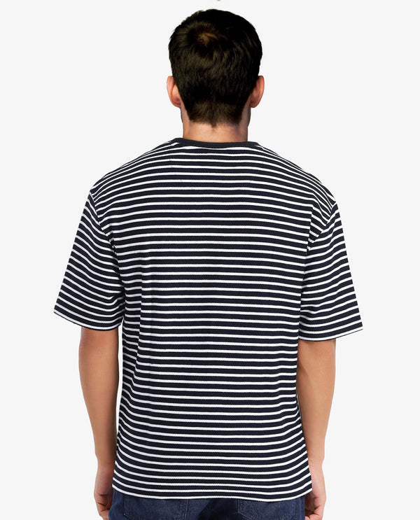 Rare Rabbit Articale Men's Paskot-1 Navy Cotton Fabric Short Sleeve Crew Neck Oversized Fit Narrow Stripes T-Shirt
