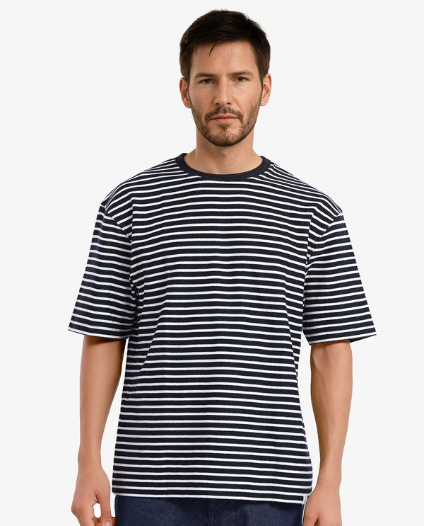 Rare Rabbit Articale Men's Paskot-1 Navy Cotton Fabric Short Sleeve Crew Neck Oversized Fit Narrow Stripes T-Shirt