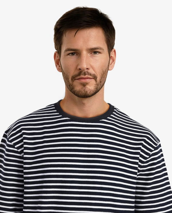Rare Rabbit Articale Men's Paskot-1 Navy Cotton Fabric Short Sleeve Crew Neck Oversized Fit Narrow Stripes T-Shirt