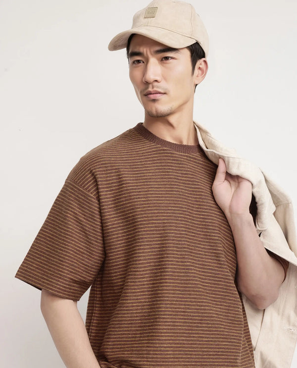 Rare Rabbit Men's Pasco Melange Rust Cotton Fabric Half Sleeve Crew Neck Oversized Fit Striped T-Shirt