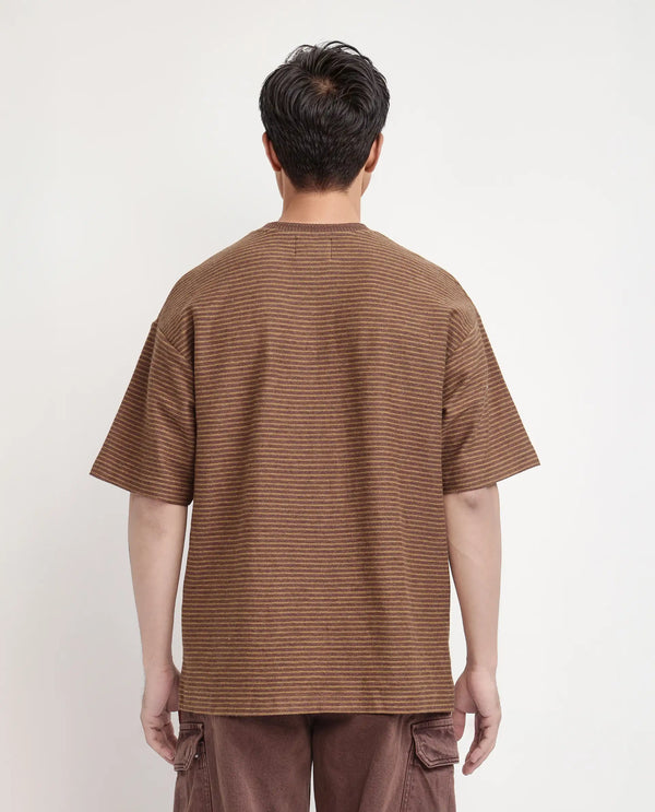Rare Rabbit Men's Pasco Melange Rust Cotton Fabric Half Sleeve Crew Neck Oversized Fit Striped T-Shirt
