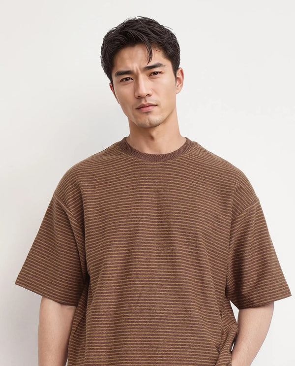 Rare Rabbit Men's Pasco Melange Rust Cotton Fabric Half Sleeve Crew Neck Oversized Fit Striped T-Shirt