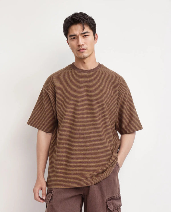 Rare Rabbit Men's Pasco Melange Rust Cotton Fabric Half Sleeve Crew Neck Oversized Fit Striped T-Shirt