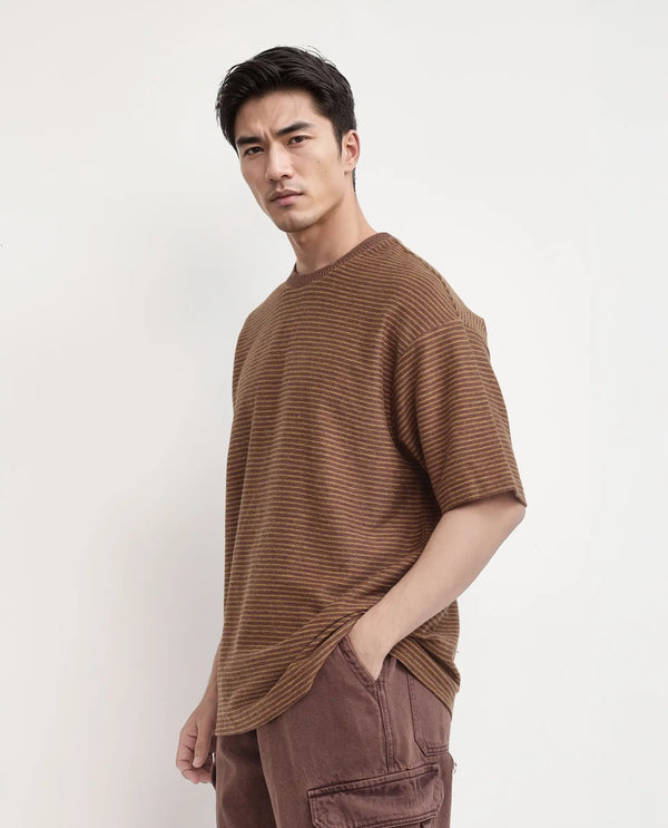 Rare Rabbit Men's Pasco Melange Rust Cotton Fabric Half Sleeve Crew Neck Oversized Fit Striped T-Shirt