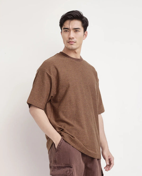Rare Rabbit Men's Pasco Melange Rust Cotton Fabric Half Sleeve Crew Neck Oversized Fit Striped T-Shirt