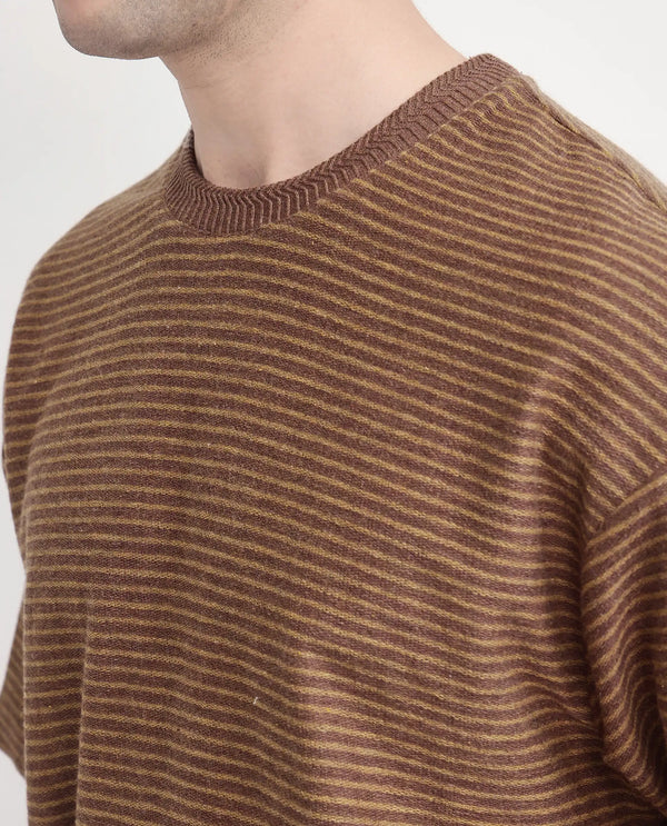 Rare Rabbit Men's Pasco Melange Rust Cotton Fabric Half Sleeve Crew Neck Oversized Fit Striped T-Shirt