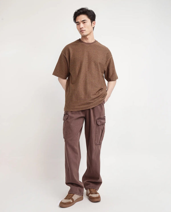 Rare Rabbit Men's Pasco Melange Rust Cotton Fabric Half Sleeve Crew Neck Oversized Fit Striped T-Shirt